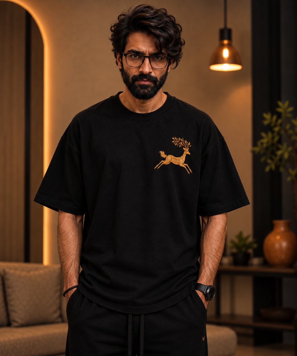 Color: Black — front, golden deer chest motif